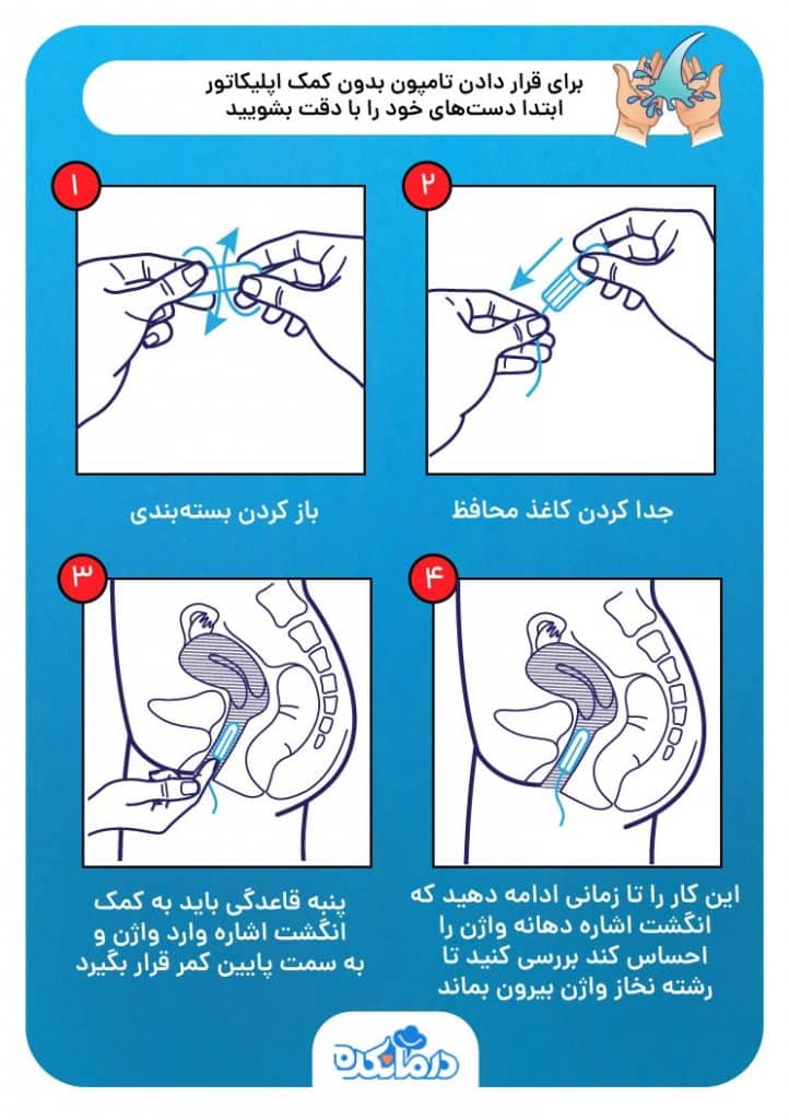 تصاویری از نحوه قرار دادن تامپون بدون اپلیکاتور