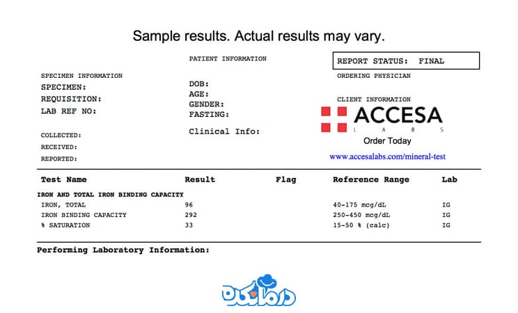 نتیجه برگه آزمایش خون که در آن فاکتورهای tibc، آهن و فریتین را می‌بینید.