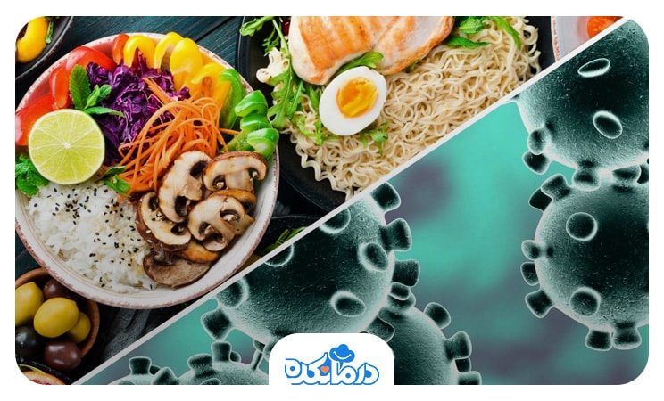 2 بشقاب حاوی برنج، ماهی، تخم‌مرغ، ماکارونی و  سبزیجات در یک سمت تصویر و ویروس‌های هپاتیت در سمت دیگر تصویر