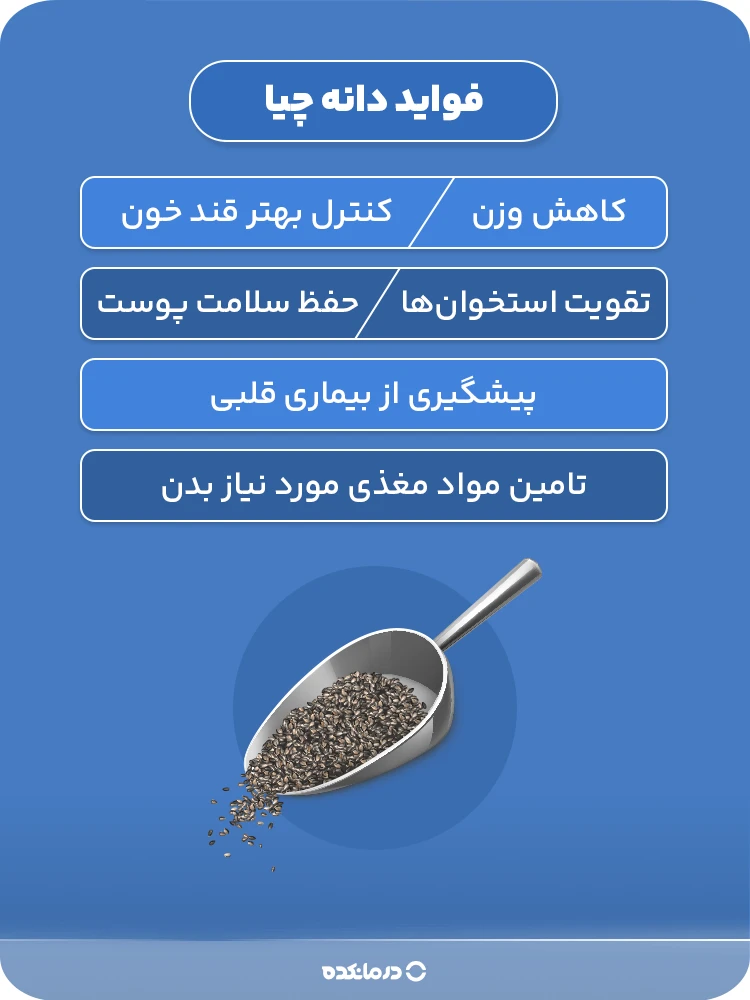 اینفوگرافی «فواید دانه چیا» (کاهش وزن/ پیشگیری از بیماری قلبی/ کنترل بهتر قند خون/ تقویت استخوان‌ها/ حفظ سلامت پوست/ تامین مواد مغذی مورد نیاز بدن)