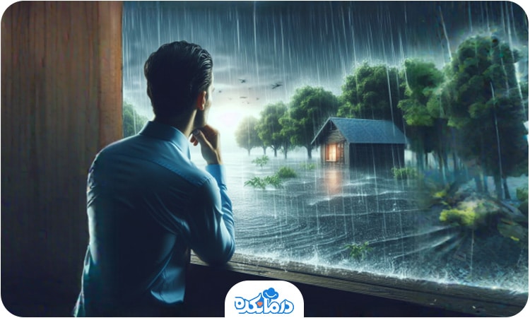تصویر فردی که به باران نگاه می‌کند و نگران وقوع سیل است.