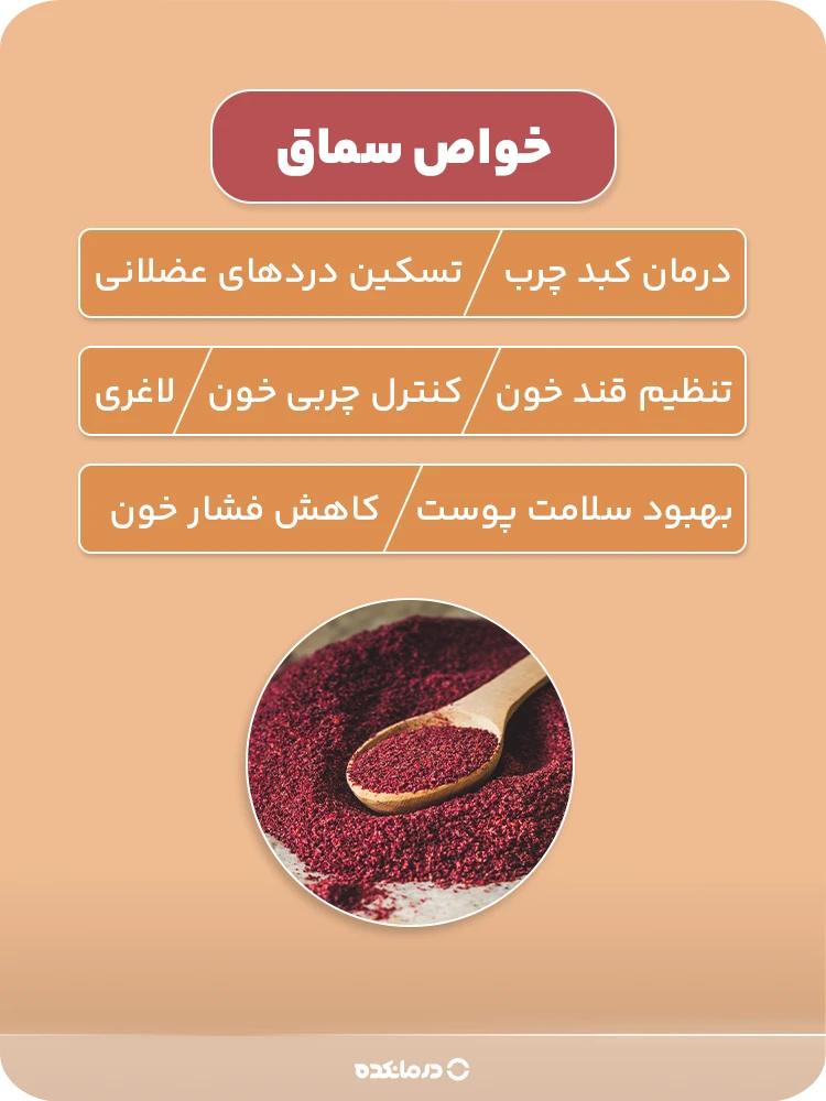 اینفوگرافی «خواص سماق» (درمان کبد چرب/ تسکین دردهای عضلانی/ تنظیم قند خون/ کنترل چربی خون/ بهبود سلامت پوست/ کاهش فشار خون/ لاغری)