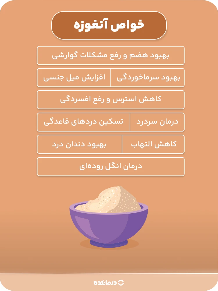 اینفوگرافی خواص آنغوزه (بهبود هضم و رفع مشکلات گوارشی، بهبود سرماخوردگی، کاهش استرس و رفع افسردگی، افزایش میل جنسی، درمان سردرد، تسکین دردهای قاعدگی، کاهش التهاب، بهبود دندان درد، درمان انگل رودهای)