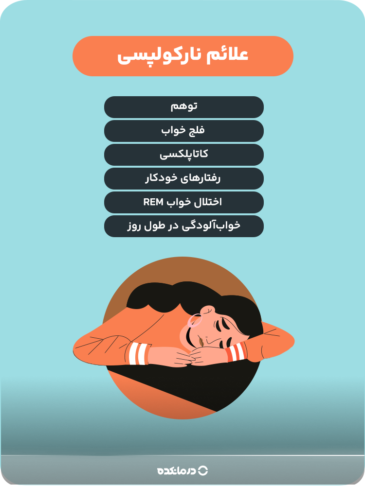 اینفوگرافی «علائم نارکولپسی» (خوابآلودگی در طول روز/ توهم/ رفتارهای خودکار/ فلج خواب/ اختلال خواب REM/ کاتاپلکسی)