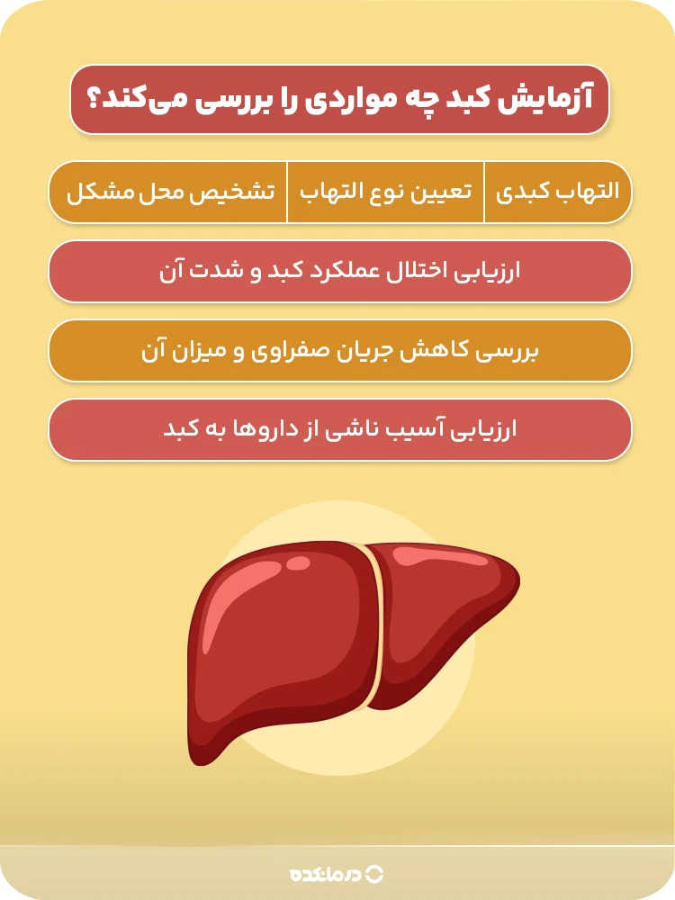 اینفوگرافیک آزمایش کبد چه مواردی را بررسی میکند؟ ( التهاب کبدی/ تعیین نوع التهاب/ تشخیص محل مشکل/ ارزیابی اختلال عملکرد کبد و شدت آن/ بررسی کاهش جریان صفراوی و میزان آن/ ارزیابی آسیب ناشی از داروها به کبد)