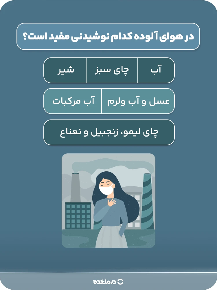 اینفوگرافیک در هوای آلوده کدام نوشیدنی مفید است؟ (لطفا بنویسید: آب/ شیر/ عسل و آب ولرم/ چای لیمو، زنجبیل و نعناع/ آب مرکبات/ چای سبز)