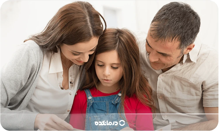 تصویر یک پدر یا مادر در حال خواندن کتاب برای فرزند خردسالش