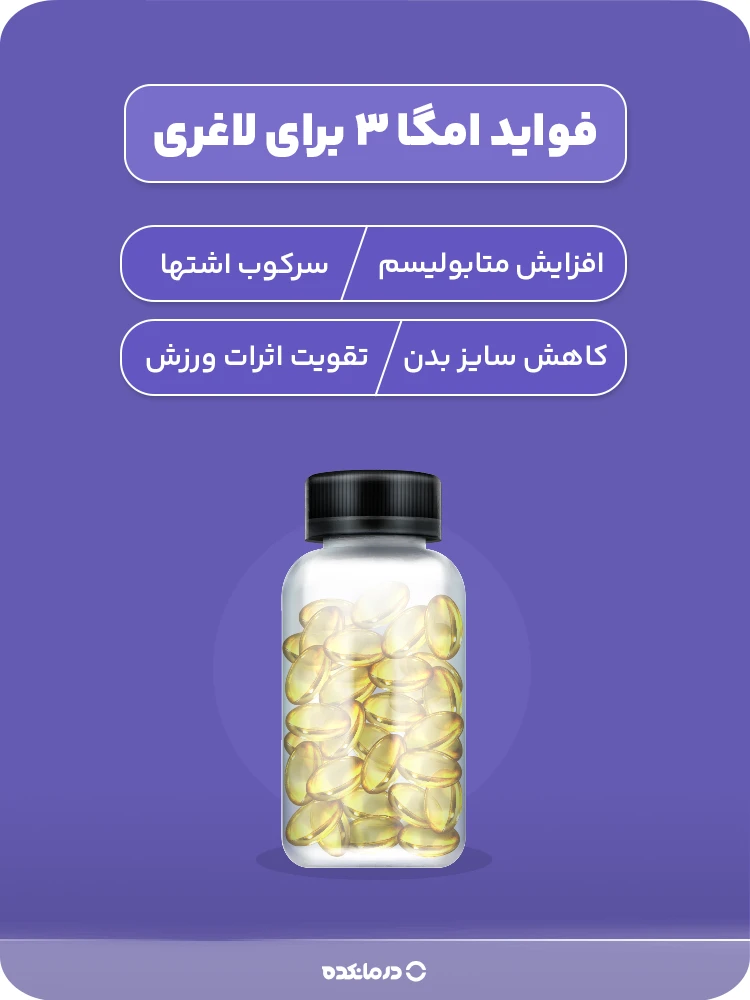 اینفوگرافی «فواید امگا ۳ برای لاغری» (افزایش متابولیسم/ سرکوب اشتها/ کاهش سایز بدن/ تقویت اثرات ورزش)