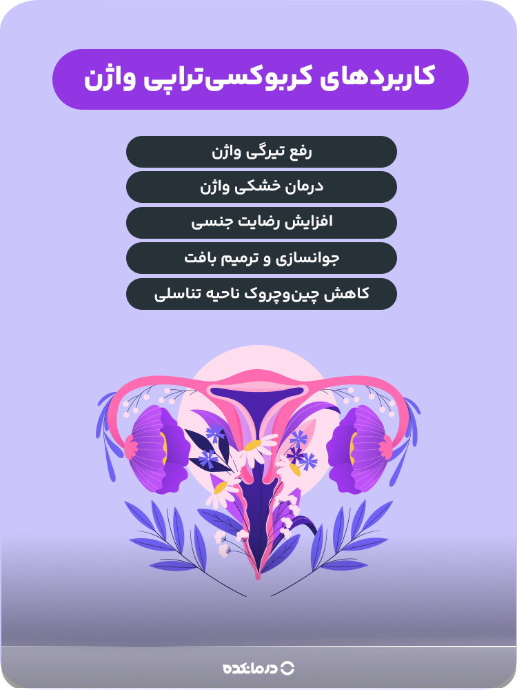 اینفوگرافی «کاربردهای کربوکسی‌تراپی واژن» (درمان خشکی واژن/ رفع تیرگی‌ واژن/ کاهش چین‌وچروک ناحیه تناسلی/ افزایش رضایت جنسی/ جوانسازی و ترمیم بافت)