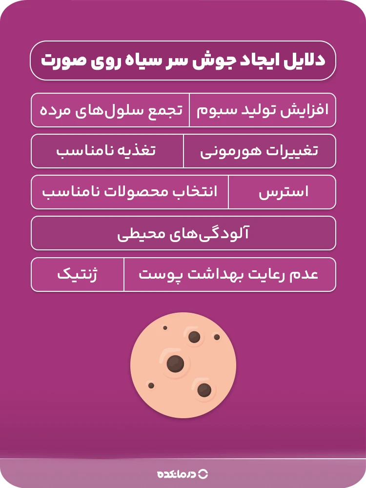 اینفوگرافی «دلایل ایجاد جوش سر سیاه روی صورت» (۹ مورد)