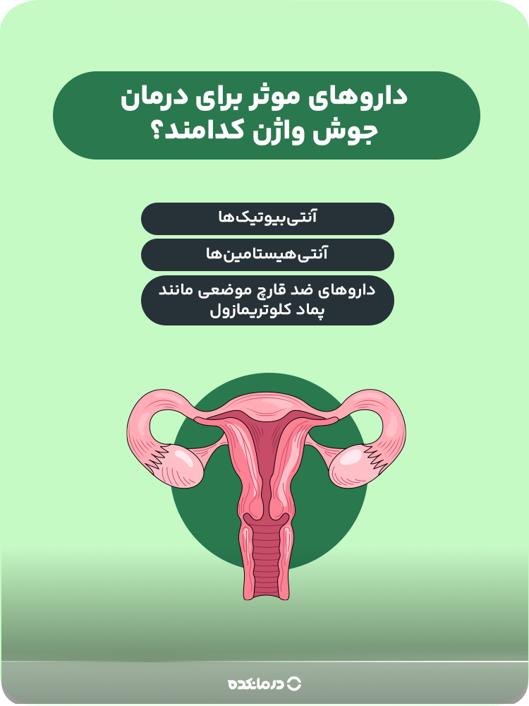 اینفوگرافیک داروهای موثر برای درمان جوش واژن کدامند؟ (لطفا بنویسید: آنتی‌بیوتیک‌ها، داروهای ضد قارچ موضعی مانند پماد کلوتریمازول، آنتی‌هیستامین‌ها)