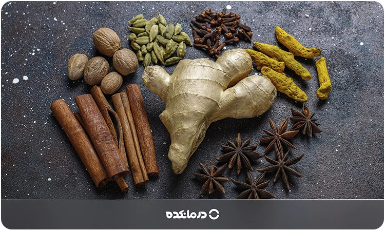 تصویر ادویه ها از جمله زنجبیل،‌ فلفل چیلی و دارچین را می بینید