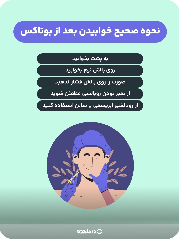 اینفوگرافی «نحوه صحیح خوابیدن بعد از بوتاکس» (به پشت بخوابید/ روی بالش نرم بخوابید/ از روبالشی ابریشمی یا ساتن استفاده کنید/ از تمیز بودن روبالشی مطمئن شوید/ صورت را روی بالش فشار ندهید)