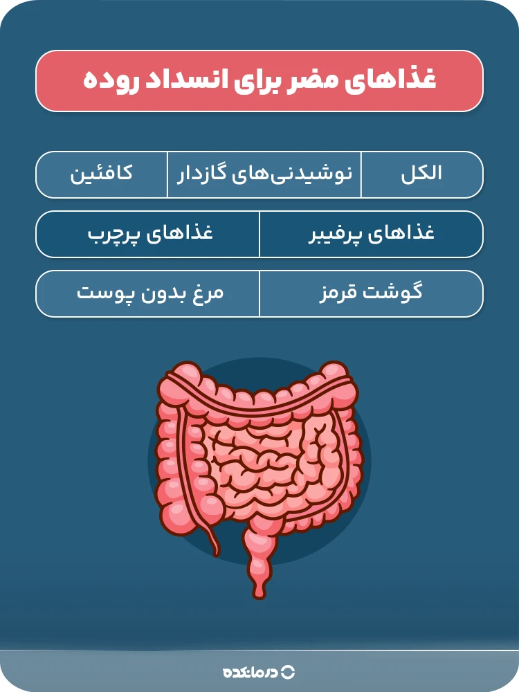 اینفوگرافی «غذاهای مضر برای انسداد روده (غذاهای پرفیبر/ غذاهای پرچرب/ گوشت قرمز/ الکل/ کافئین/نوشیدنی‌های گازدار)