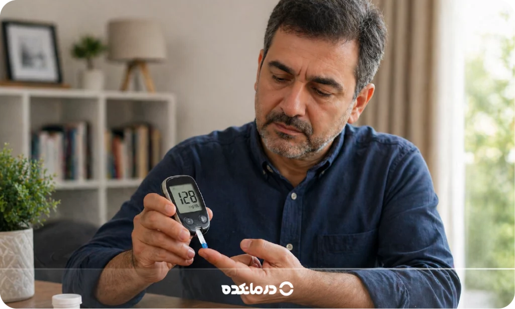 تصویر یک بیمار در حال اندازهگیری قند خون با دستگاه خانگی را می بینید