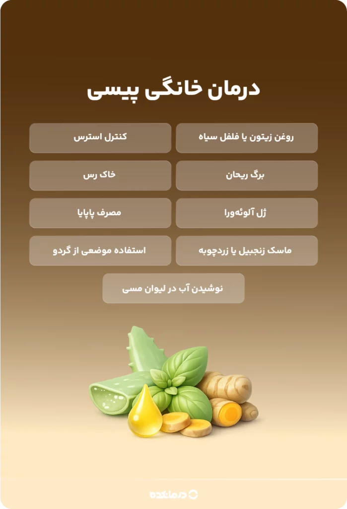 اینفوگرافی «درمان خانگی پیسی» (روغن زیتون یا فلفل سیاه/ برگ ریحان/ ژل آلوئه‌ورا/ ماسک زنجبیل یا زردچوبه/ کنترل استرس/ خاک رس/ نوشیدن آب در لیوان مسی/ مصرف پاپایا/ استفاده موضعی از گردو)