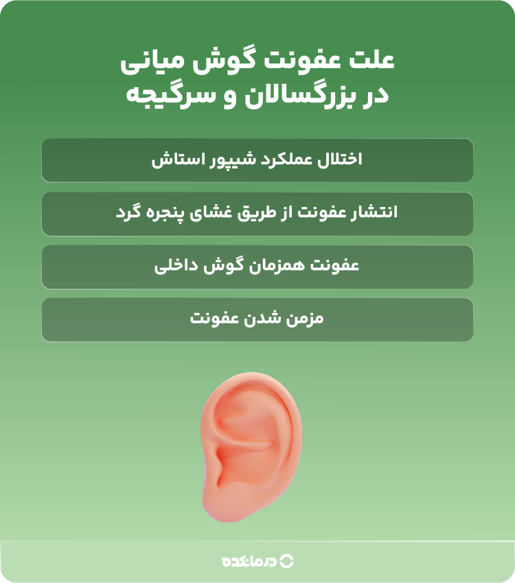 اینفوگرافی علت عفونت گوش میانی در بزرگسالان و سرگیجه