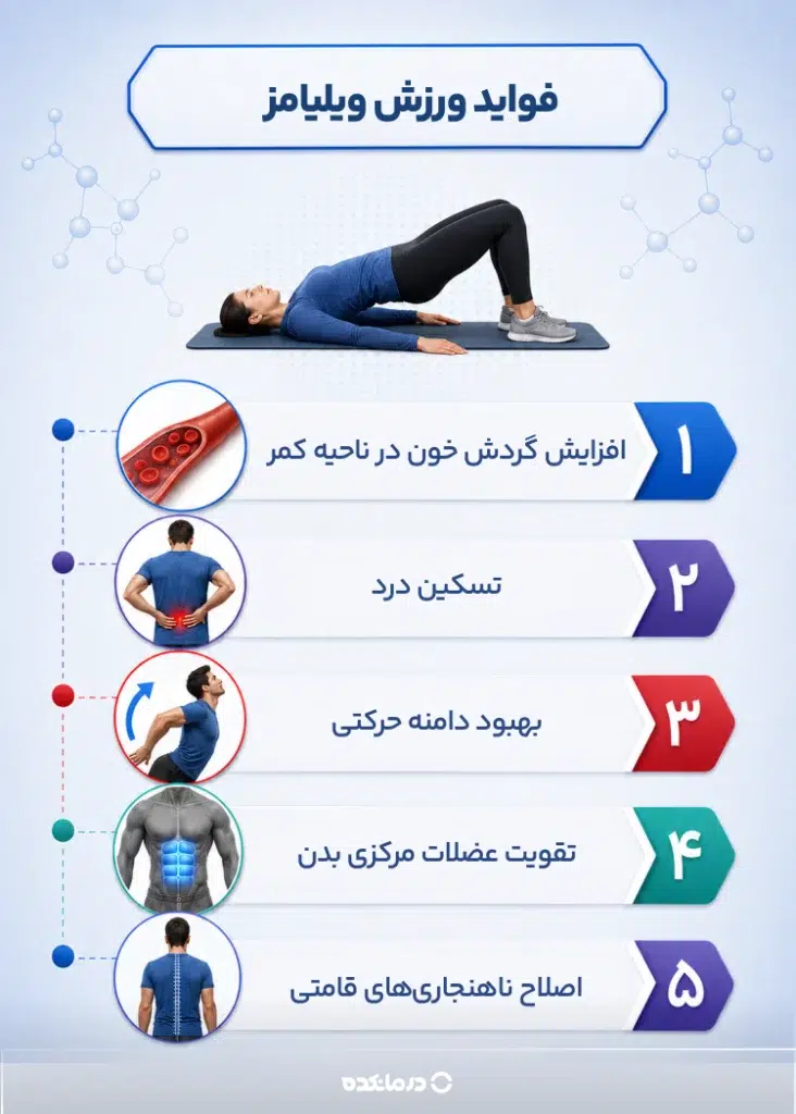 اینفوگرافی «فواید ورزش ویلیامز» (افزایش گردش خون در ناحیه کمر/ تسکین درد/ بهبود دامنه حرکتی/ تقویت عضلات مرکزی بدن/ اصلاح ناهنجاریهای قامتی)