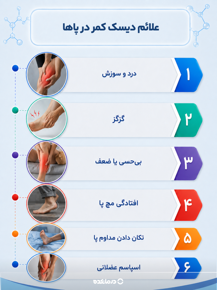 اینفوگرافی «علائم دیسک کمر در پاها» (درد و سوزش/ گزگز/ بیحسی یا ضعف/ افتادگی مچ پا/ تکان دادن مداوم پا/ اسپاسم عضلانی)