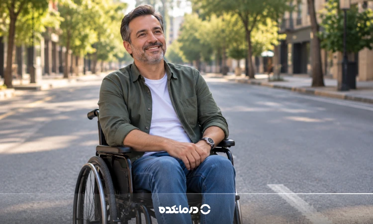 تصویر یک آقای خندان که روی ویلچر نشسته است را می بینید