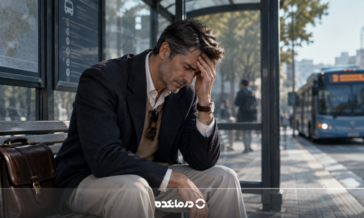تصویر یک فرد میانسال مبتلا به سردرد شدید را می بینید