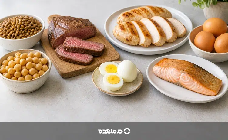 تصویر منابع غذایی ویتامین B2 شامل گوشت، مرغ، ماهی و حبوبات را می بینید